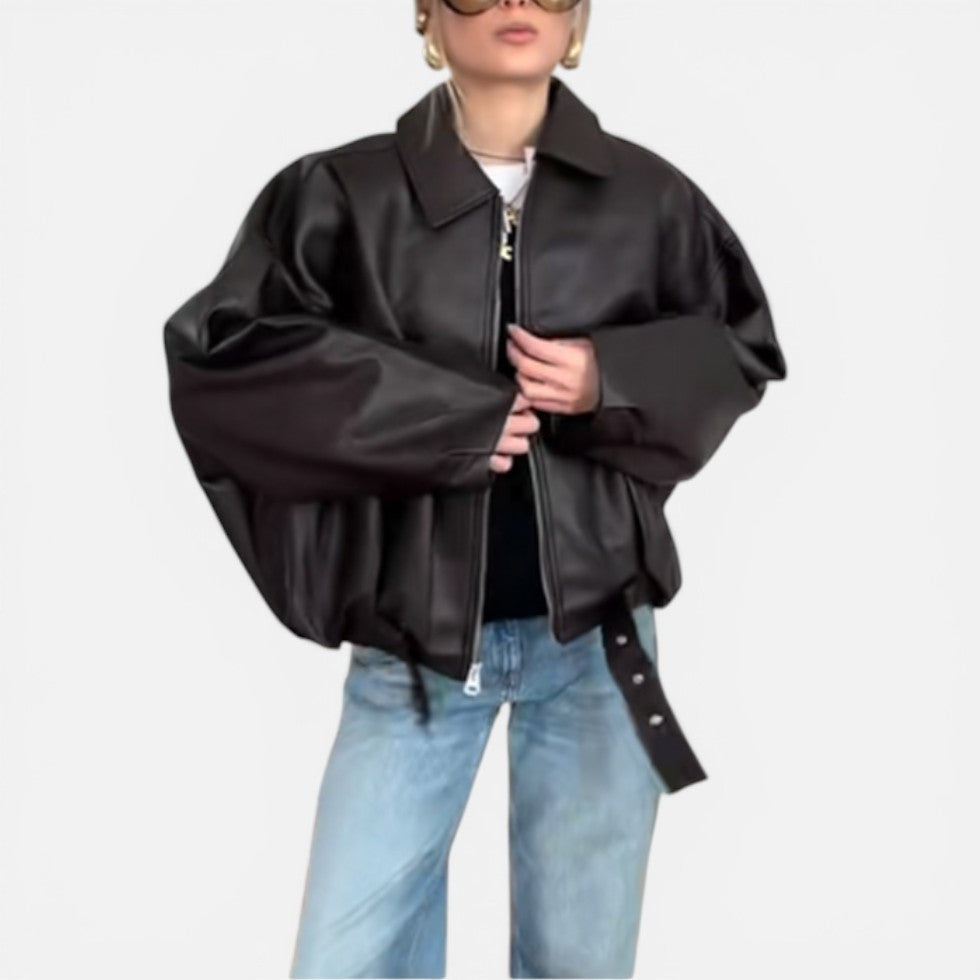 Women's Oversized Belted Bomber Jacket with Front Zip