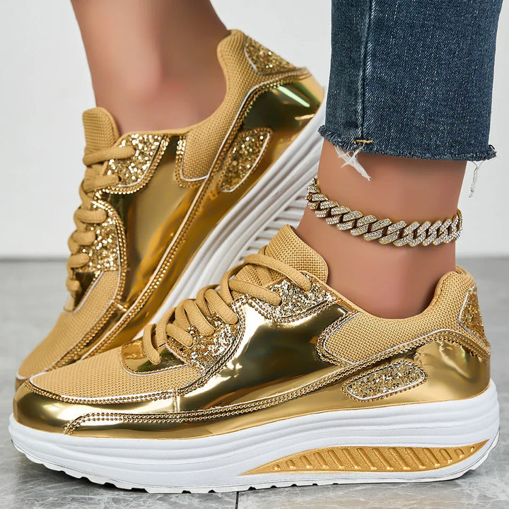 Women's Glitter Platform Sneakers with Lace-Up Closure