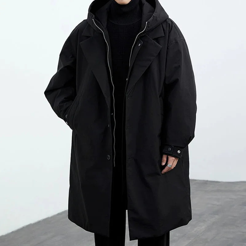 Men's Long Hooded Utility Coat with Button Placket
