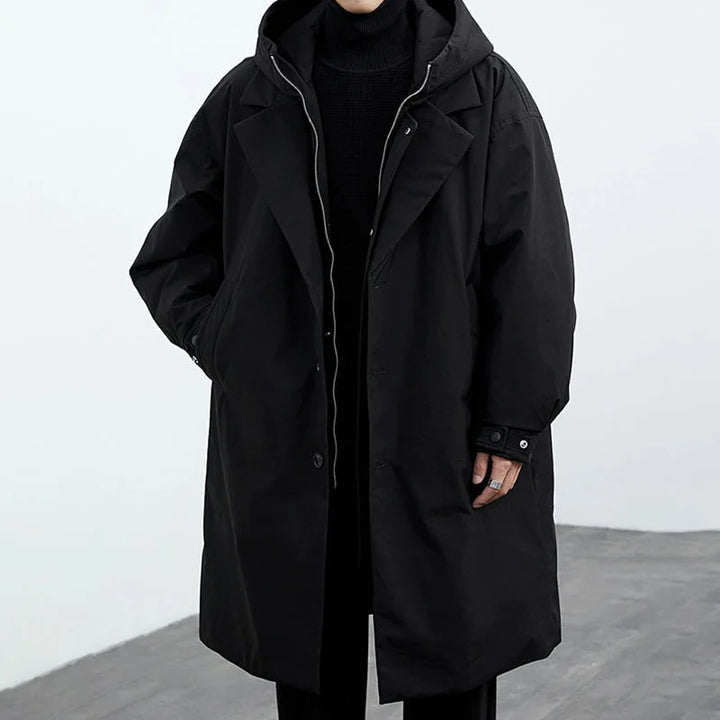 Men's Long Hooded Utility Coat with Button Placket