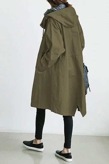 Women's Hooded Trench Coat with Button-Front Closure