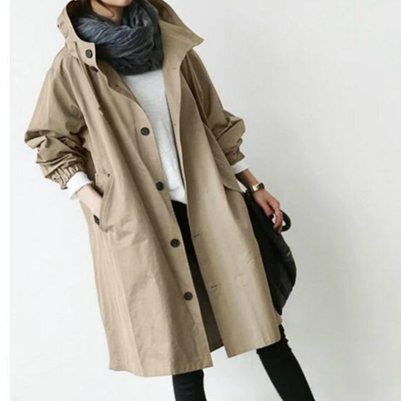 Women's Hooded Trench Coat with Button-Front Closure