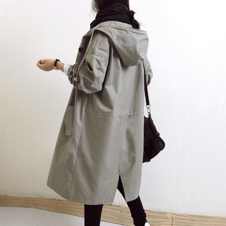 Women's Hooded Trench Coat with Button-Front Closure