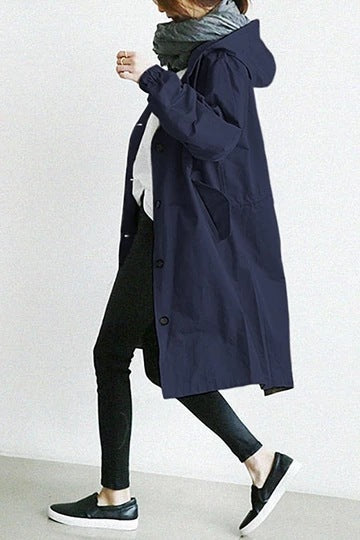 Women's Hooded Trench Coat with Button-Front Closure