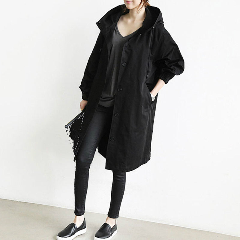Women's Hooded Trench Coat with Button-Front Closure