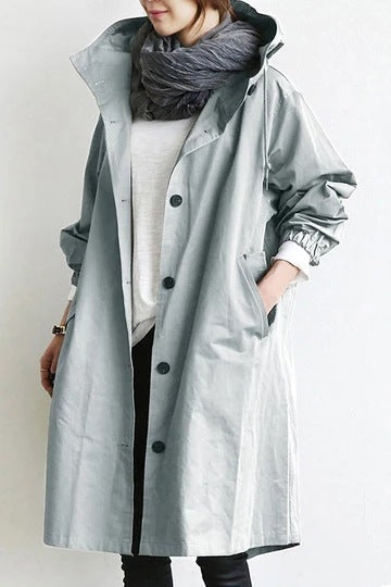 Women's Hooded Trench Coat with Button-Front Closure