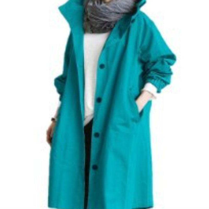Women's Hooded Trench Coat with Button-Front Closure