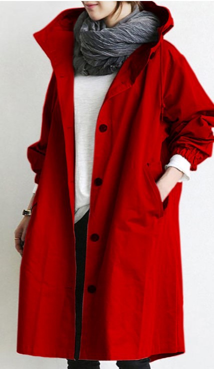 Women's Hooded Trench Coat with Button-Front Closure