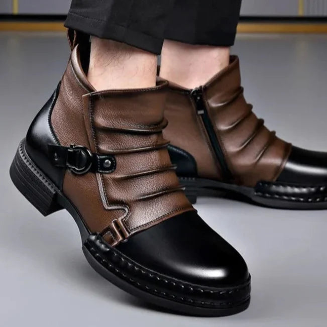 Men's Ruched Leather Ankle Boots with Buckle Strap