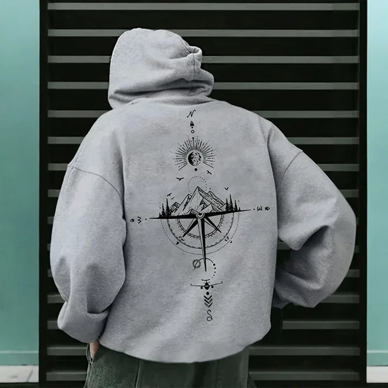 Men's Fleece Oversized Hoodie with Mountain Compass Graphic
