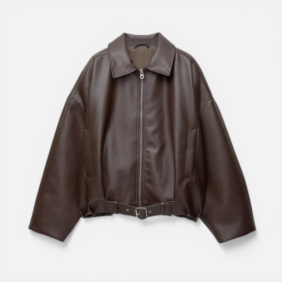 Women's Oversized Belted Bomber Jacket with Front Zip