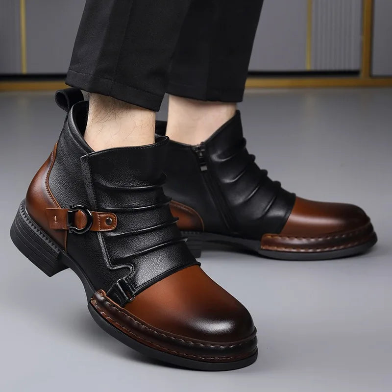 Men's Ruched Leather Ankle Boots with Buckle Strap