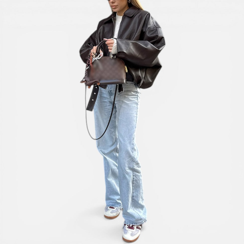 Women's Oversized Belted Bomber Jacket with Front Zip