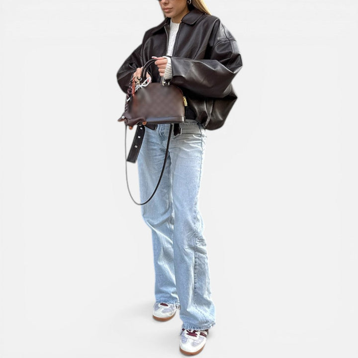 Women's Oversized Belted Bomber Jacket with Front Zip