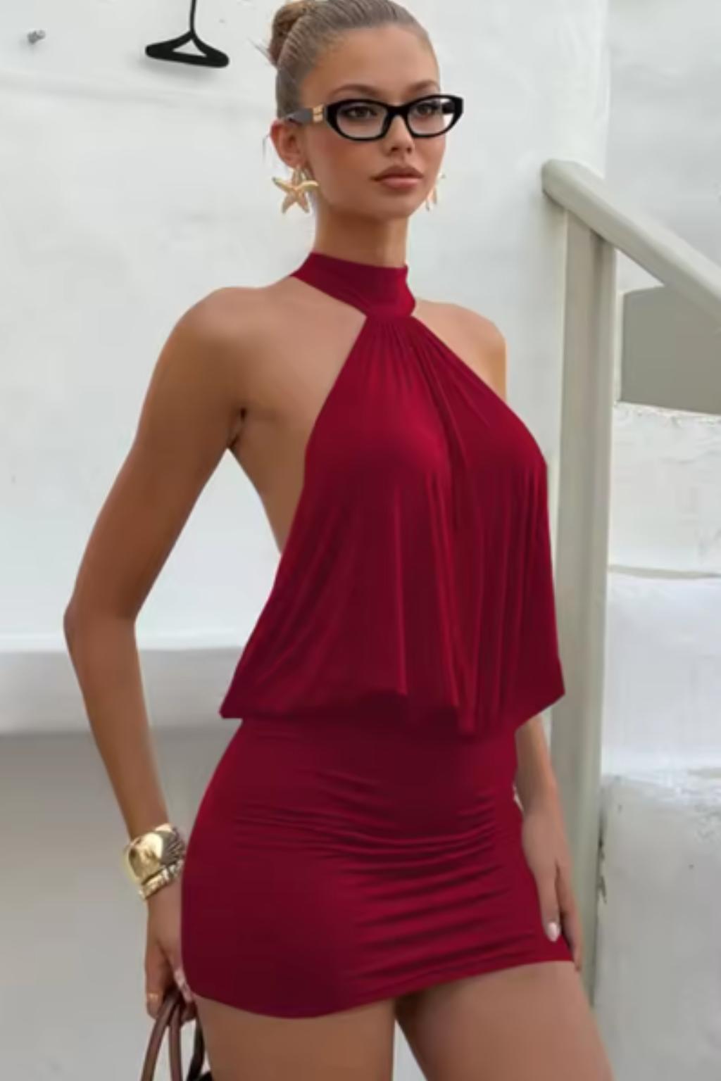 Women's Halter Ruched Bodycon Mini Party Dress
