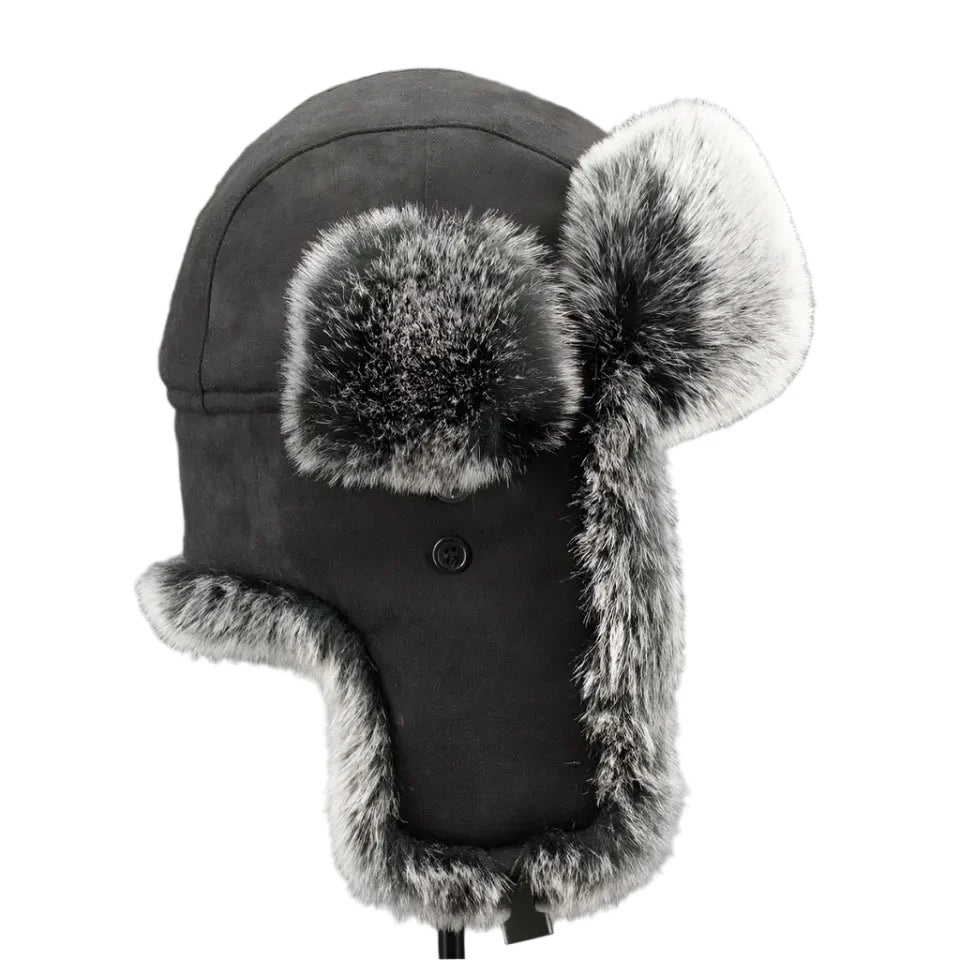 Faux Leather Trapper Hat with Fur-Effect Ear Flaps