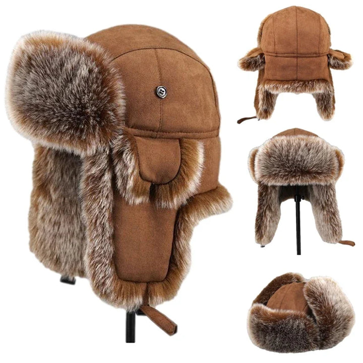 Faux Leather Trapper Hat with Fur-Effect Ear Flaps