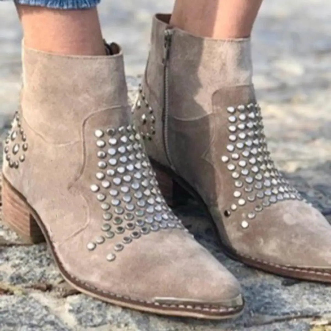 Women's Studded Ankle Boots with Pointed Toe Block Heel