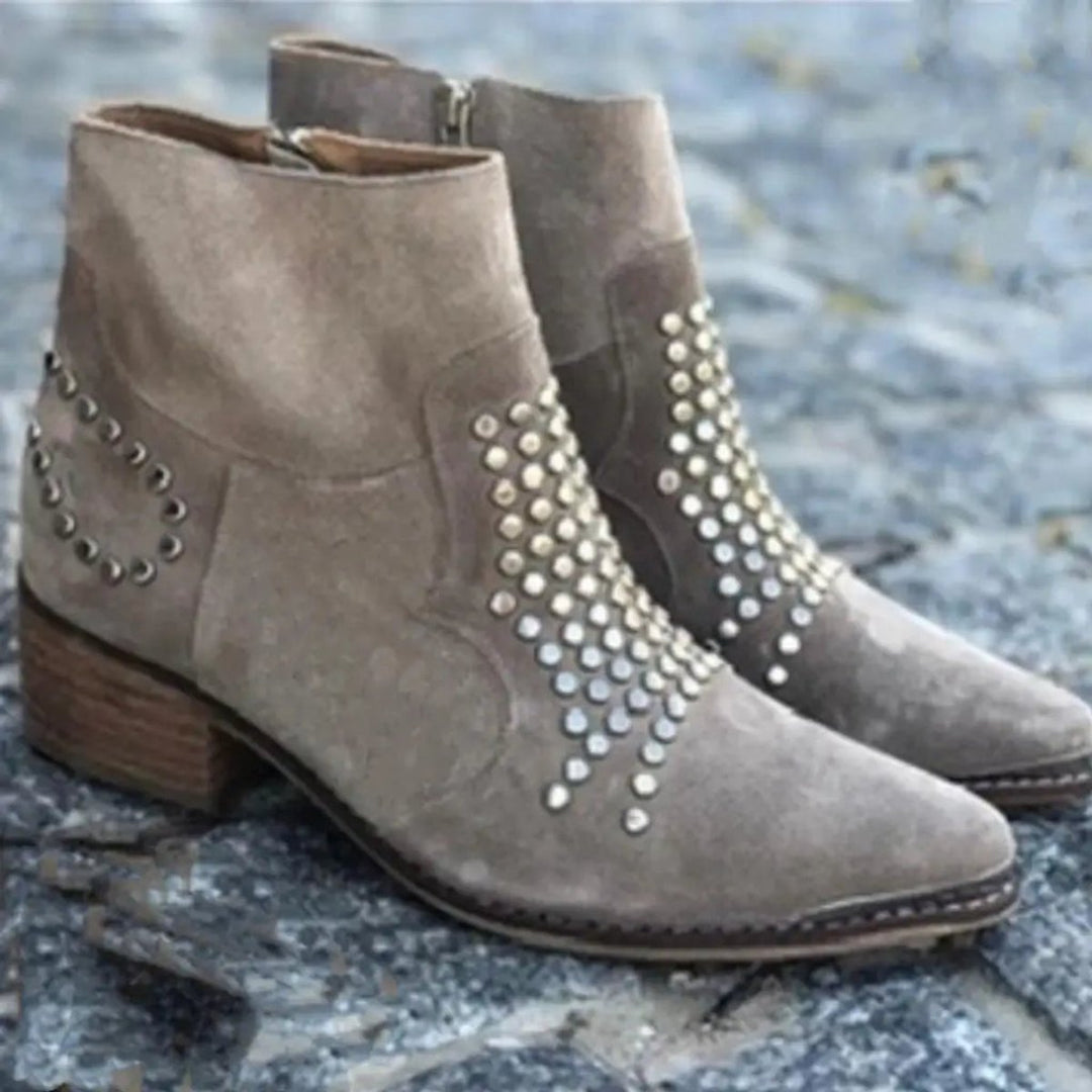 Women's Studded Ankle Boots with Pointed Toe Block Heel