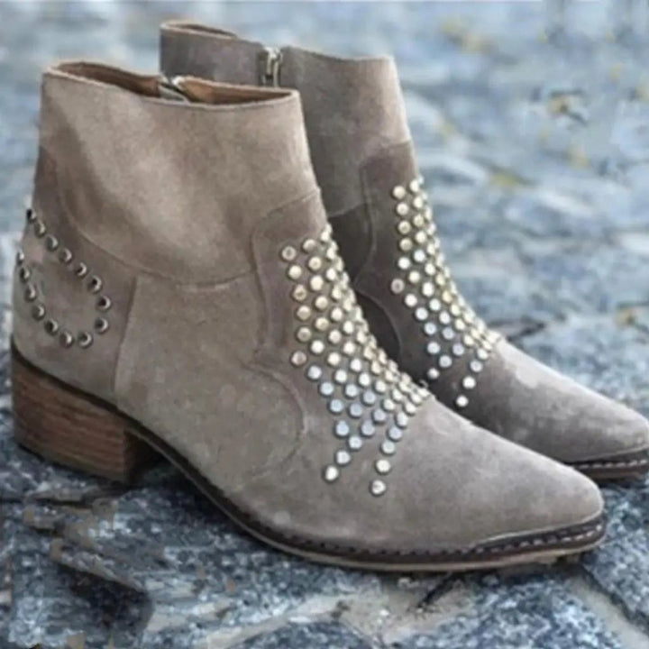 Women's Studded Ankle Boots with Pointed Toe Block Heel