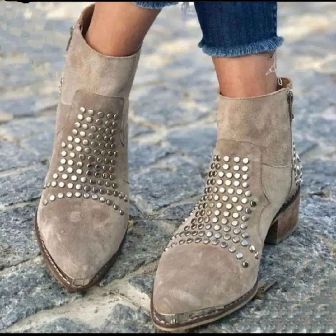 Women's Studded Ankle Boots with Pointed Toe Block Heel