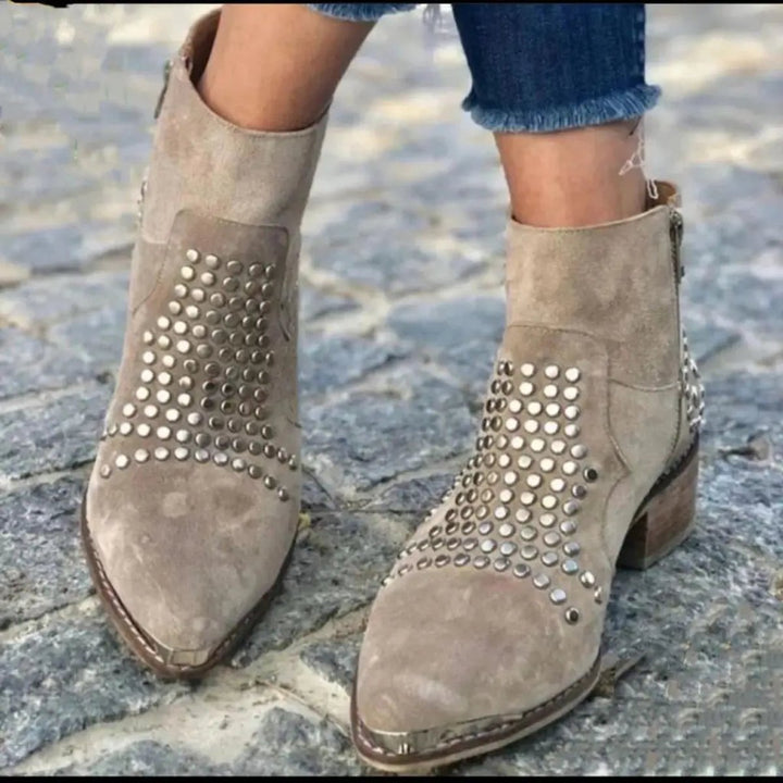 Women's Studded Ankle Boots with Pointed Toe Block Heel