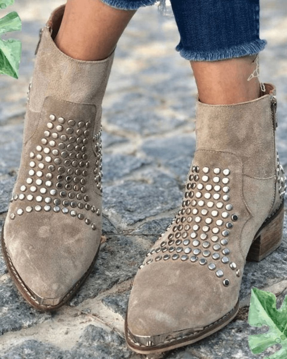Women's Studded Ankle Boots with Pointed Toe Block Heel