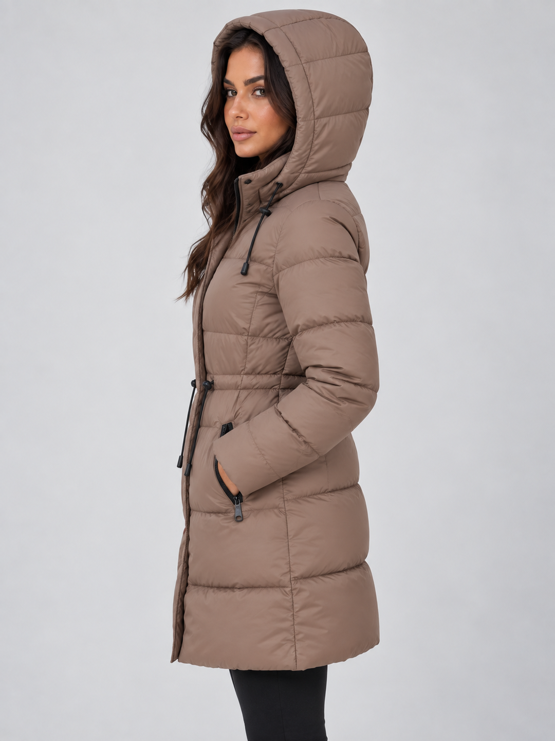 Women's Longline Puffer Coat with Adjustable Drawstring Waist