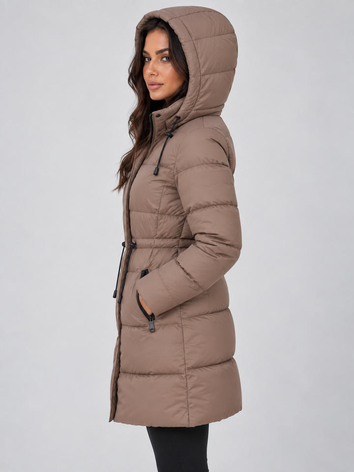 Women's Longline Puffer Coat with Adjustable Drawstring Waist