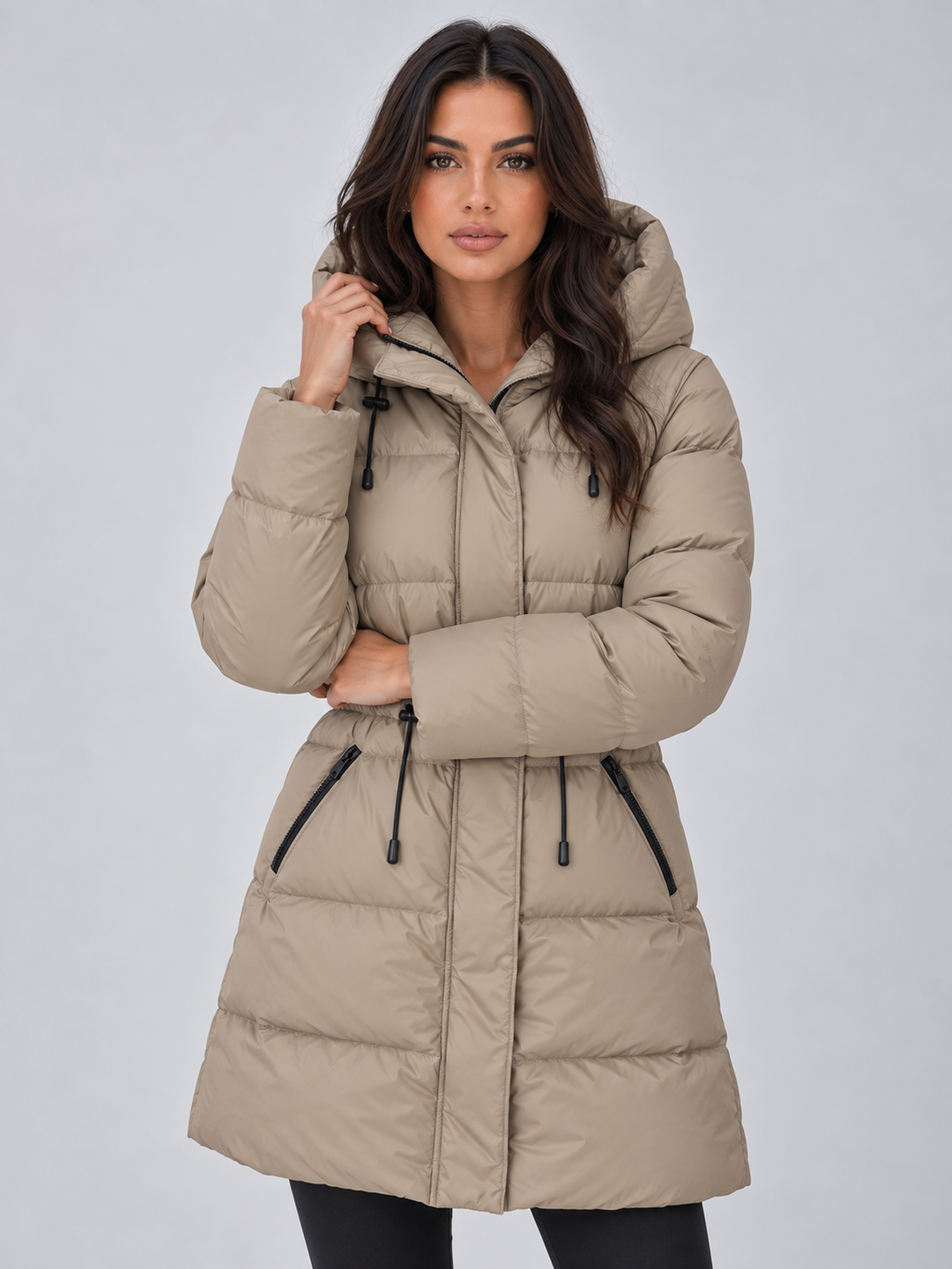 Women's Longline Puffer Coat with Adjustable Drawstring Waist