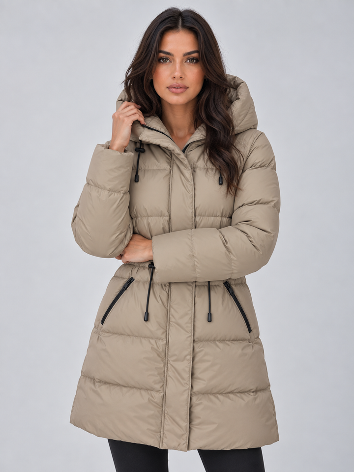 Women's Longline Puffer Coat with Adjustable Drawstring Waist