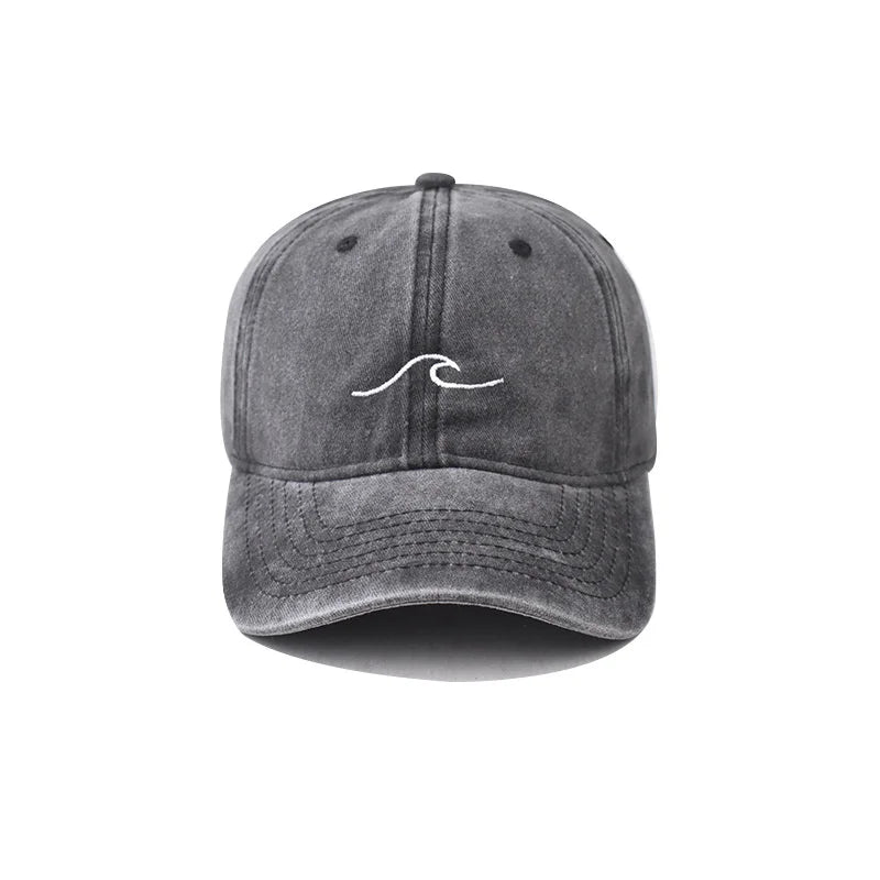 Washed Cotton Baseball Cap with Embroidered Wave Design