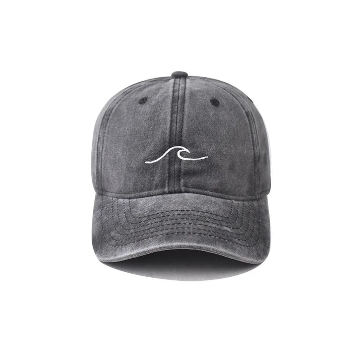 Washed Cotton Baseball Cap with Embroidered Wave Design