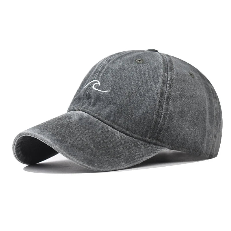 Washed Cotton Baseball Cap with Embroidered Wave Design