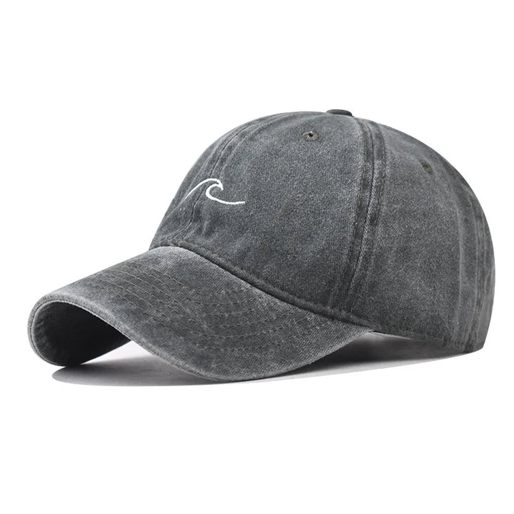 Washed Cotton Baseball Cap with Embroidered Wave Design