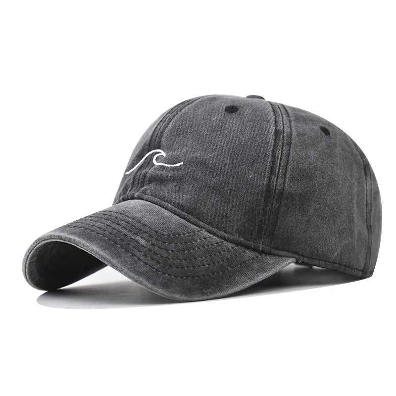 Washed Cotton Baseball Cap with Embroidered Wave Design