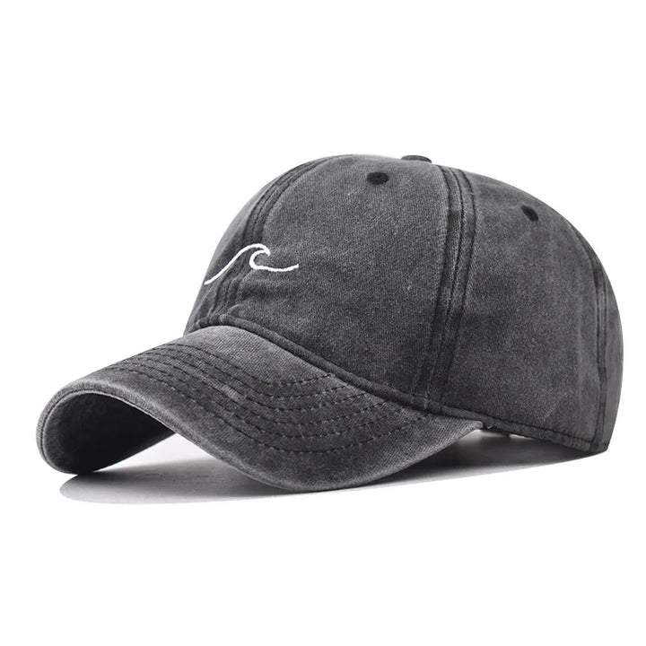 Washed Cotton Baseball Cap with Embroidered Wave Design