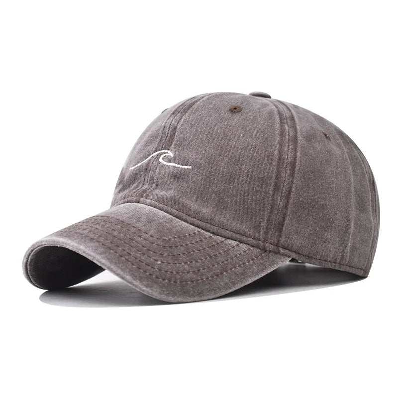 Washed Cotton Baseball Cap with Embroidered Wave Design