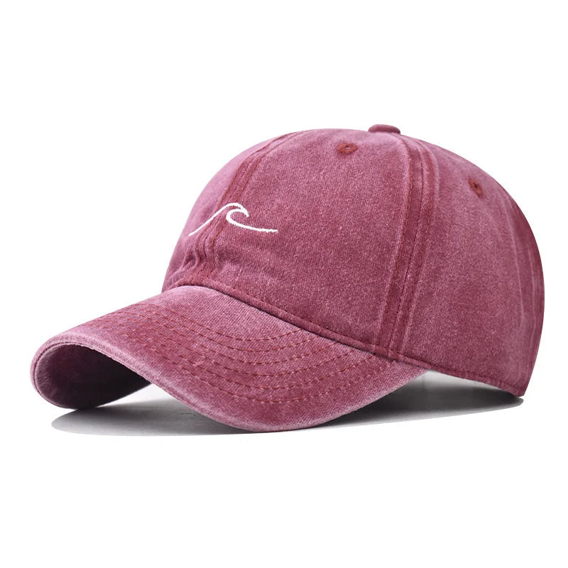 Washed Cotton Baseball Cap with Embroidered Wave Design