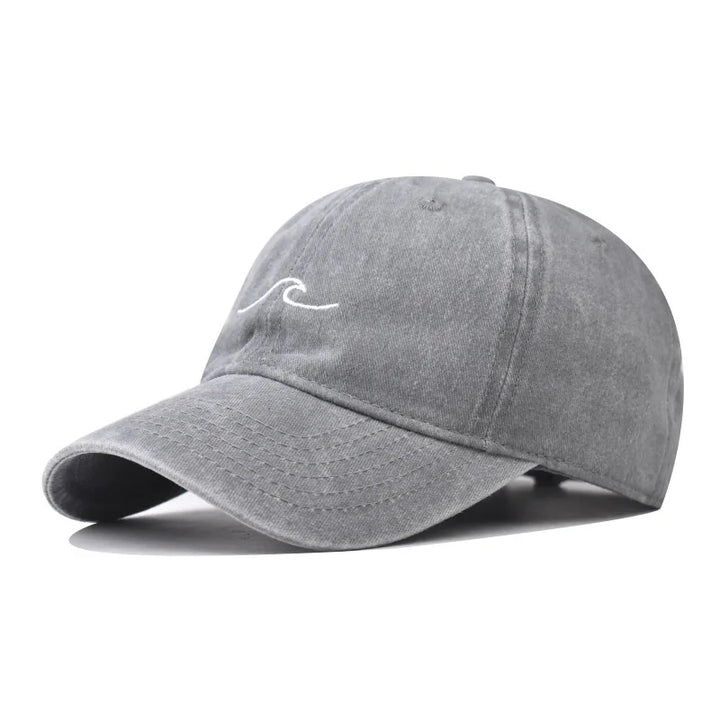 Washed Cotton Baseball Cap with Embroidered Wave Design