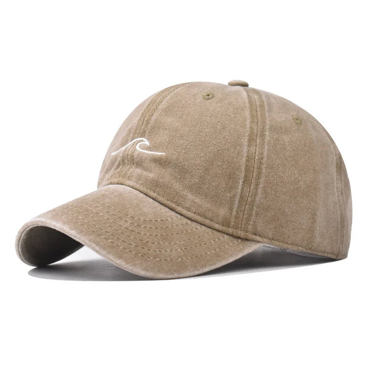 Washed Cotton Baseball Cap with Embroidered Wave Design
