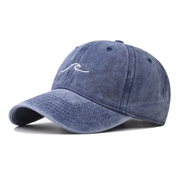 Washed Cotton Baseball Cap with Embroidered Wave Design