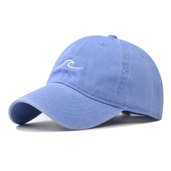 Washed Cotton Baseball Cap with Embroidered Wave Design