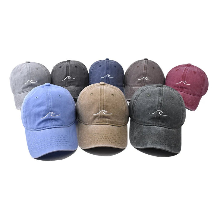 Washed Cotton Baseball Cap with Embroidered Wave Design
