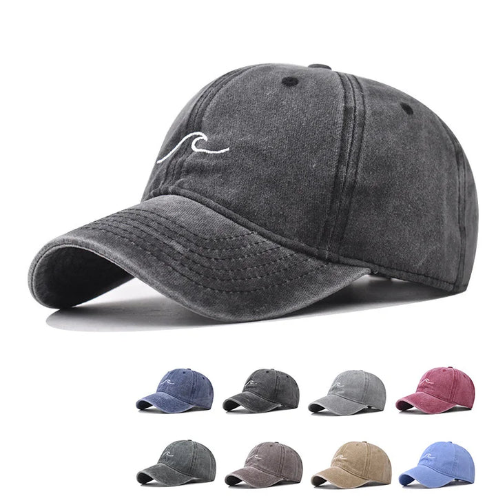 Washed Cotton Baseball Cap with Embroidered Wave Design