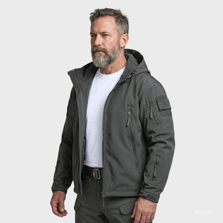 Men's Hooded Tactical Softshell Jacket with Zip Pockets