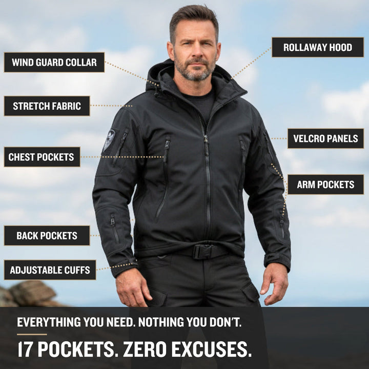 Men's Hooded Tactical Softshell Jacket with Zip Pockets