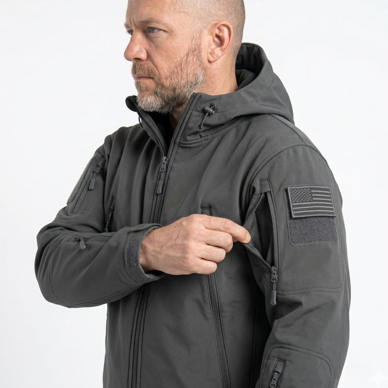 Men's Hooded Tactical Softshell Jacket with Zip Pockets