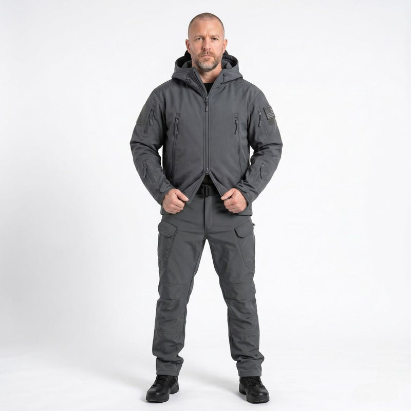 Men's Hooded Tactical Softshell Jacket with Zip Pockets