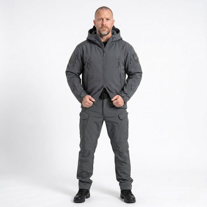 Men's Hooded Tactical Softshell Jacket with Zip Pockets